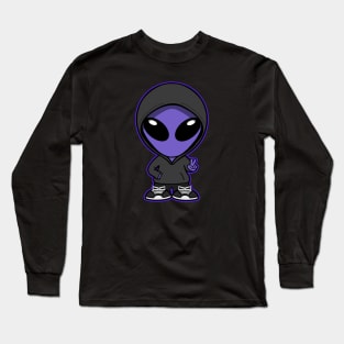 Hooded Space Alien Peace Hand Sign Purple Long Sleeve T-Shirt